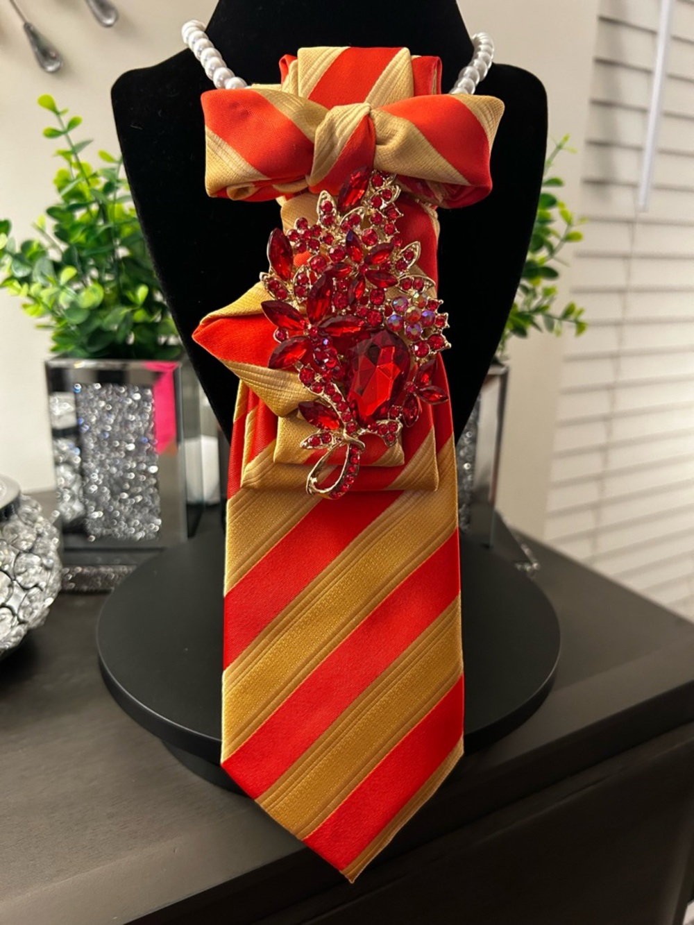 Red and Gold Striped Statement Tie with Red Crystal Brooch